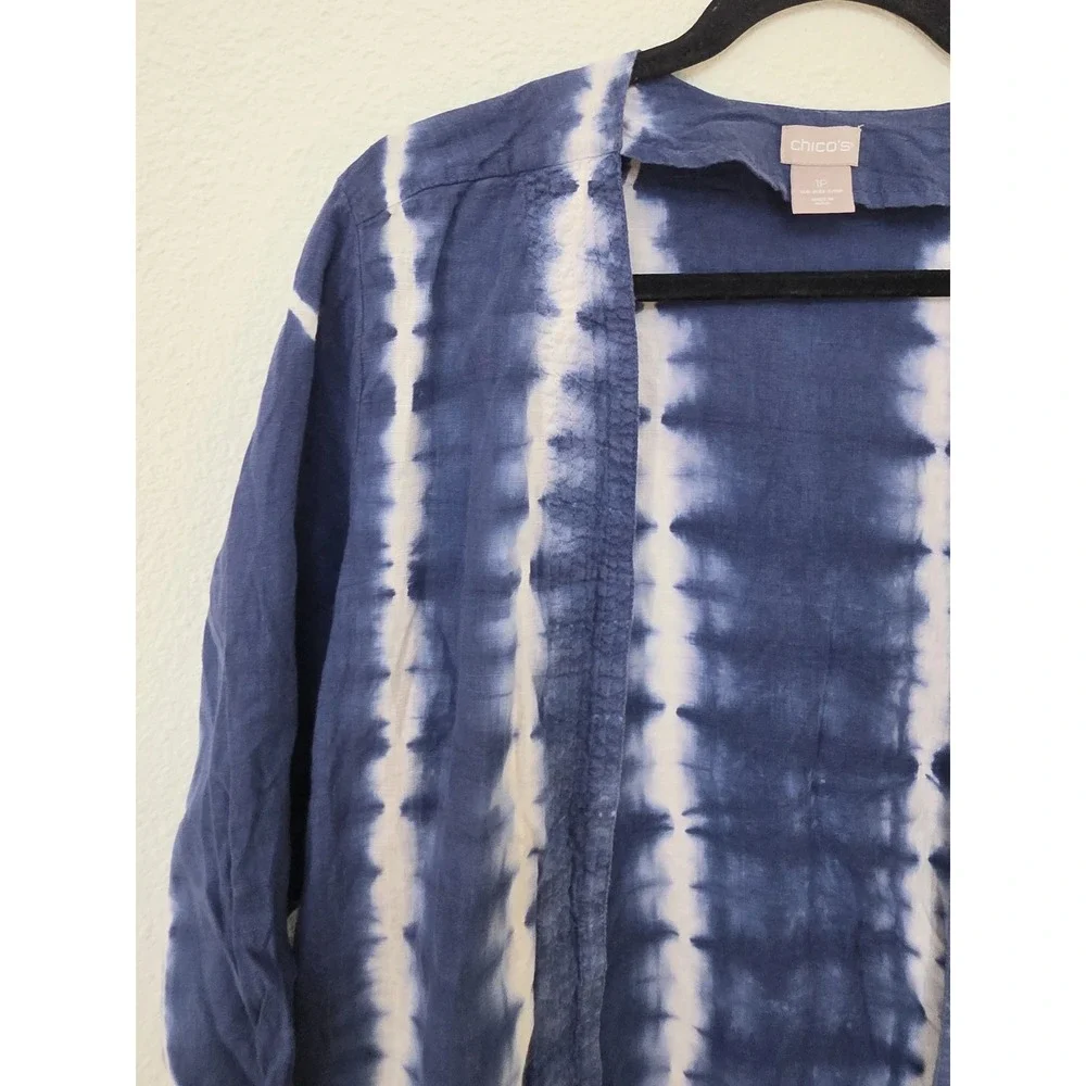Chico's Open Cardigan Size 1P Boho Tie Dye Blue White Linen 3/4 Sleeve Sweater